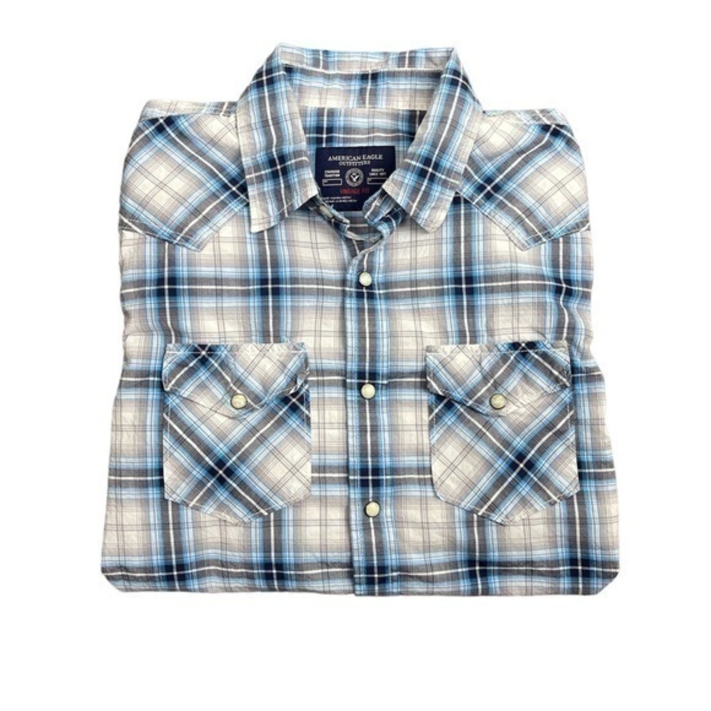 American Eagle Vintage Fit Blue/White Plaid Long Sleeve Button Down Shirt Size M